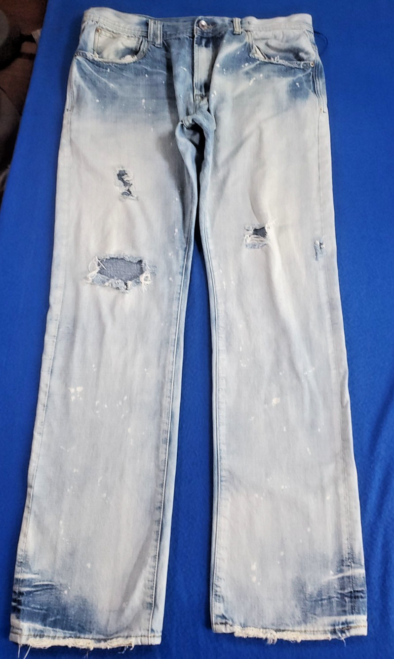 AKOO Mens Distressed Jeans Size 34 Light Wash Paint Splatter Ripped Streetwear
